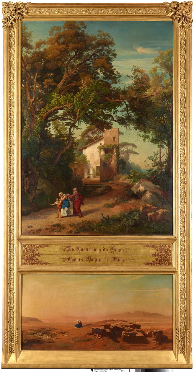 De verdrijving van Hagar (boven). Hagar in de woestijn (onder). Uit de cyclus „Twaalf bijbelse landschappen met het verhaal van Abraham“ door Johann Wilhelm Schirmer