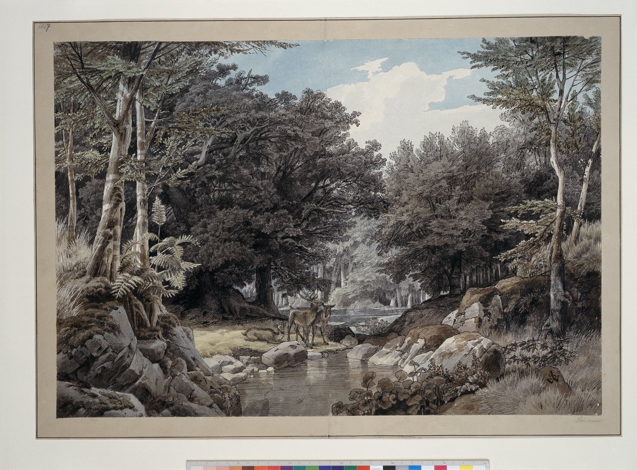 Bosinterieur met herten bij het water door Johann Wilhelm Schirmer