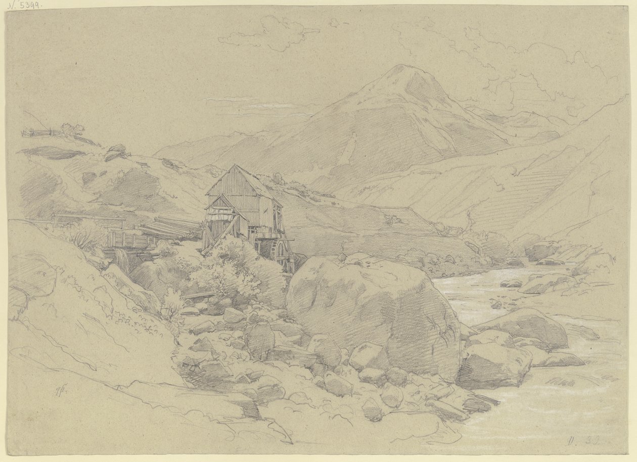 Watermolen in een berglandschap door Johann Wilhelm Schirmer