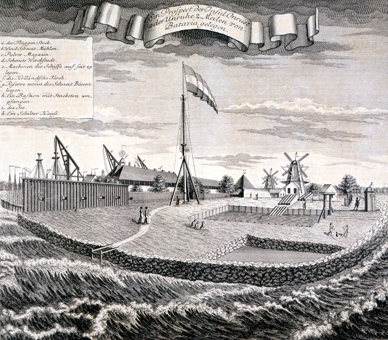 Nederlands Oost-Indische Compagnie hout- of zaagmolen op het eiland twee mijl van Batavia, pub. 1744 door Johann Wolfgang Heydt