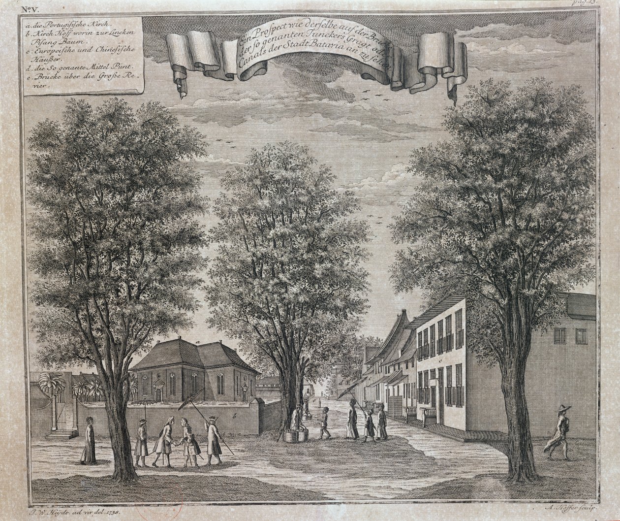 De Portugese Kerk en Chinese en Europese huizen in een straat in Batavia, uit een serie van gezichten op Batavia 