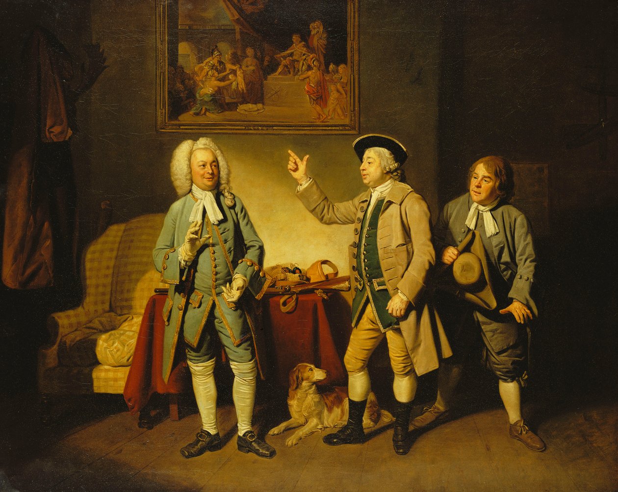 Een Scène uit "Love in a Village" door Isaac Bickerstaffe, Acte 1, Scène 2, met Edward Shuter als Justice Woodcock, John Beard als Hawthorn, en John Dunstall als Hodge door Johan Joseph Zoffany