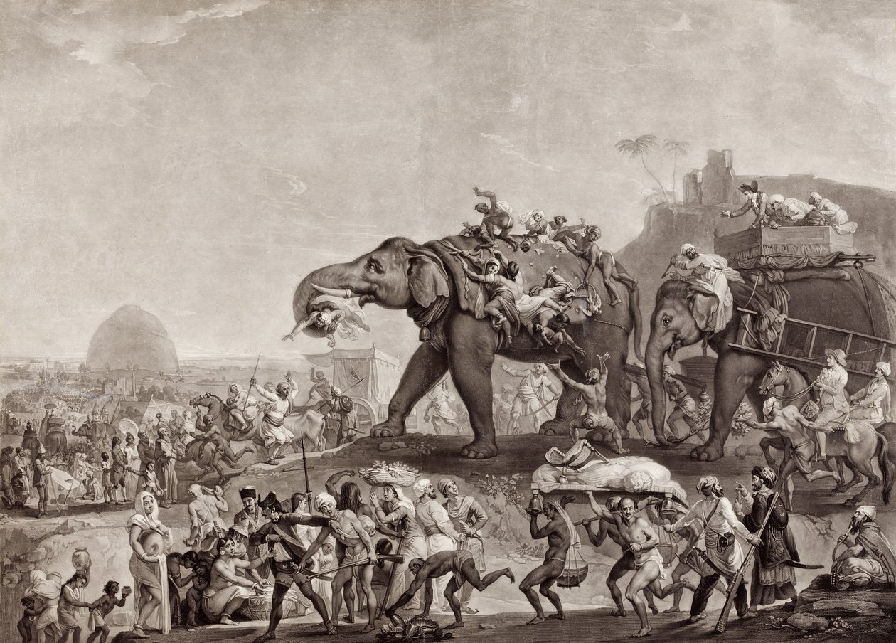 Ambassade van Hyderbeck naar Calcutta, van de Vizier van Oude, via Patna, in het jaar 1788, om Lord Cornwallis te ontmoeten, gepubliceerd ca.1800 door Johan Joseph Zoffany