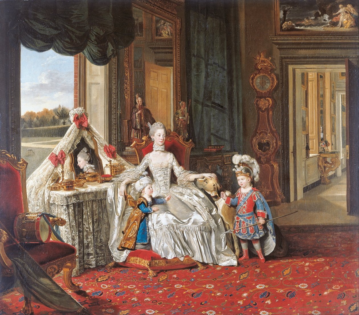 Koningin Charlotte (1744-1818) met haar twee oudste zonen door Johann Zoffany