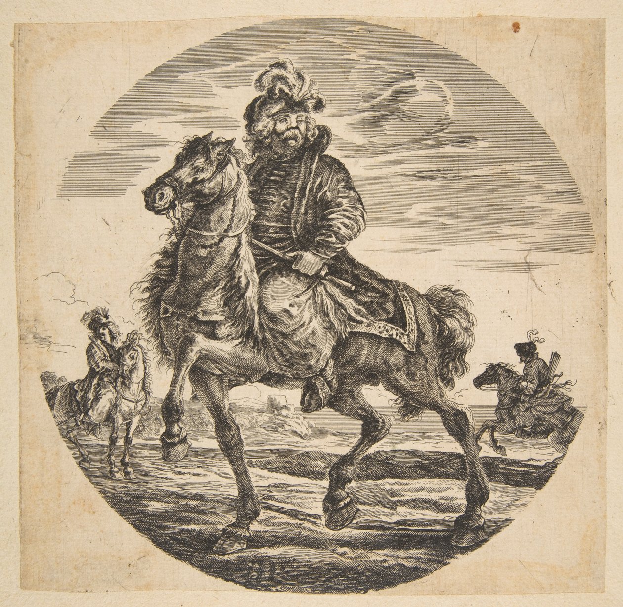 Hongaarse ruiter die naar links rijdt, andere ruiters op de achtergrond, een cirkelvormige c....n.d. door Johanna Christina Küsel