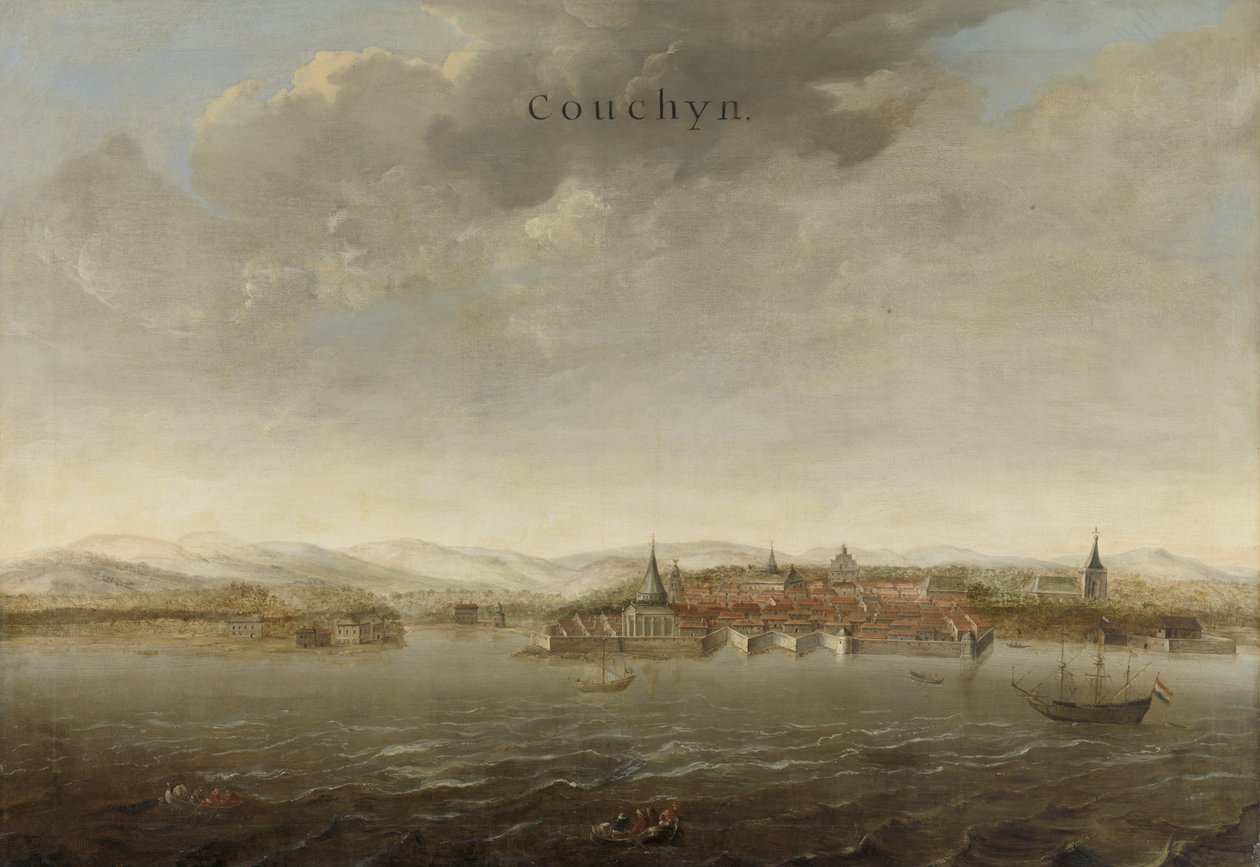 Uitzicht op Cochin aan de Malabarkust van India, ca. 1662-3 door Johannes Vinckeboons
