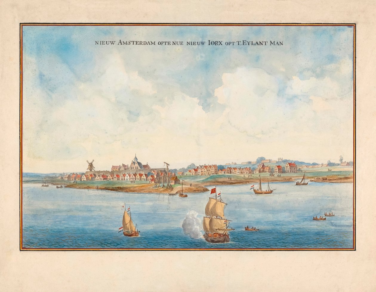 New York vanaf de zee in de 17e eeuw door Johannes (after) Vingboons