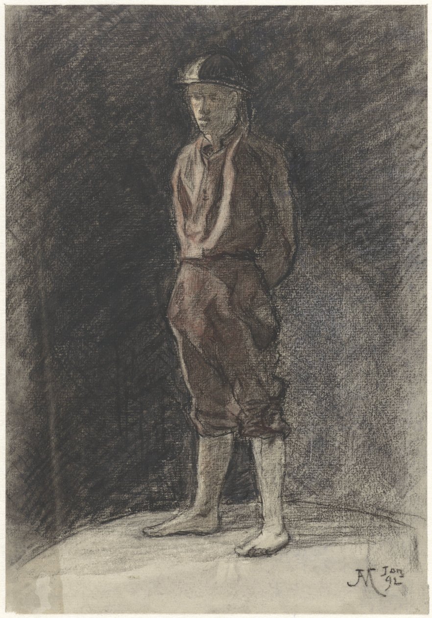 Staande man met helm en opgerolde boekspijpen door Johannes Abraham Mondt