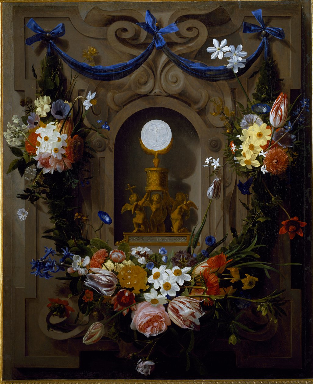 Eucharistie in een bloemenkrans door Johannes Antonius van der Baren