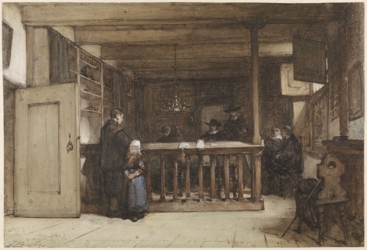 Betaaldag: De Schepenkamer in het Rechthuis te Nieuw-Loosdrecht, gestoffeerd met Zeventiende-eeuwse Figuren door Johannes Bosboom
