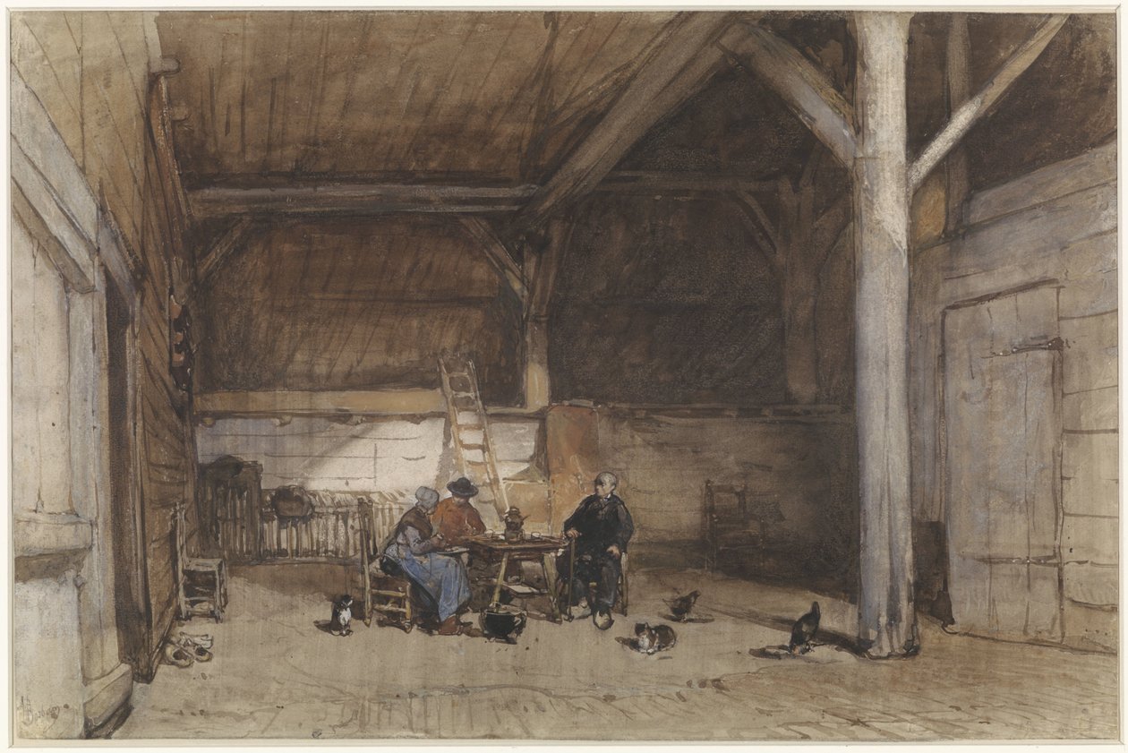 Boereninterieur met twee mannen en een vrouw aan een tafel, verder enkele kippen en katten door Johannes Bosboom