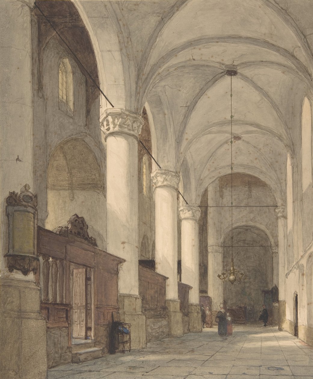 Gewelfde Zijbeuk van een Kerk, met Figuren, 19e eeuw door Johannes Bosboom