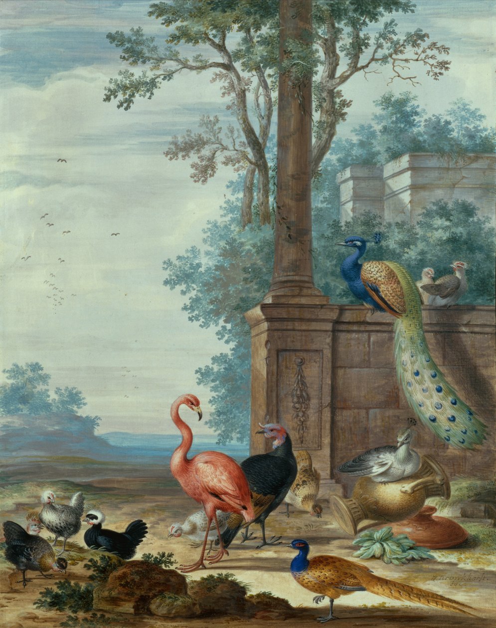 Een Italiaans Landschap met een Pauw, Fazant, Flamingo en andere Vogels door Johannes Bronckhorst