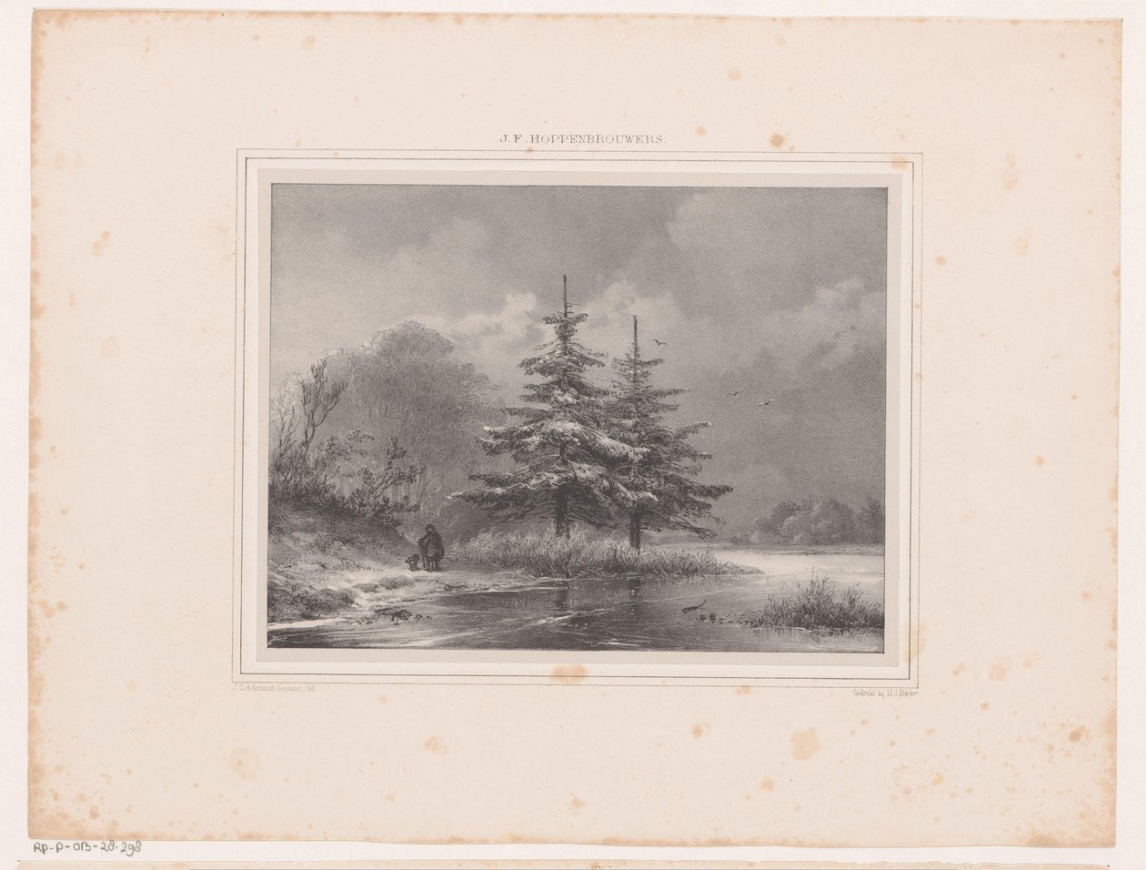 Winterlandschap met twee dennenbomen door Johannes Christiaan d
