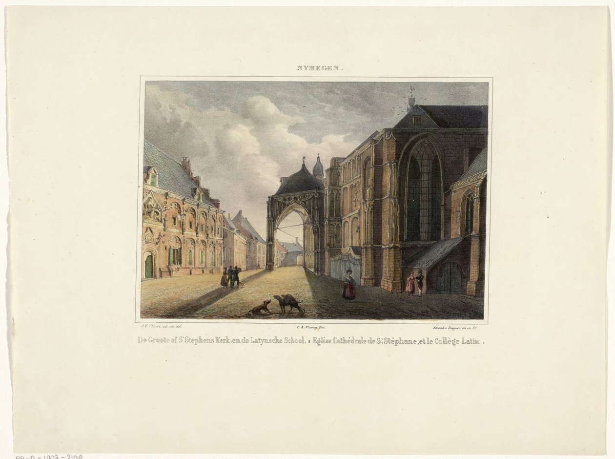 Gezicht op de Stevenskerk en de Latijnse School in Nijmegen door Johannes Franciscus Christ