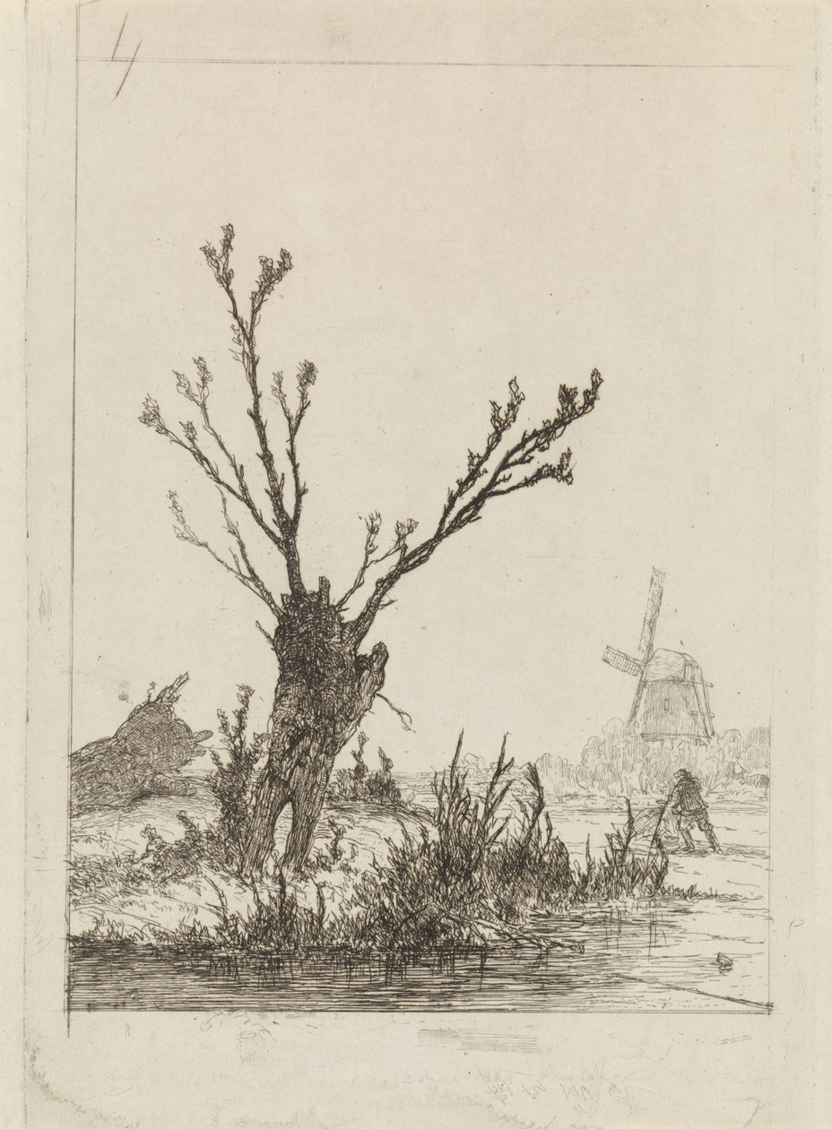 Schaatser met slee bij een knotwilg door Johannes Franciscus Hoppenbrouwers