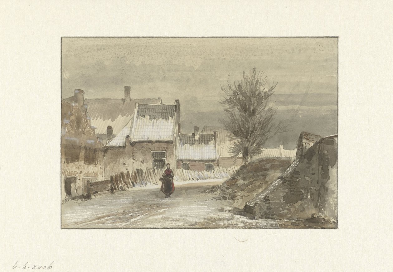 Wintergezicht met vrouw staand op het ijs door Johannes Franciscus Hoppenbrouwers
