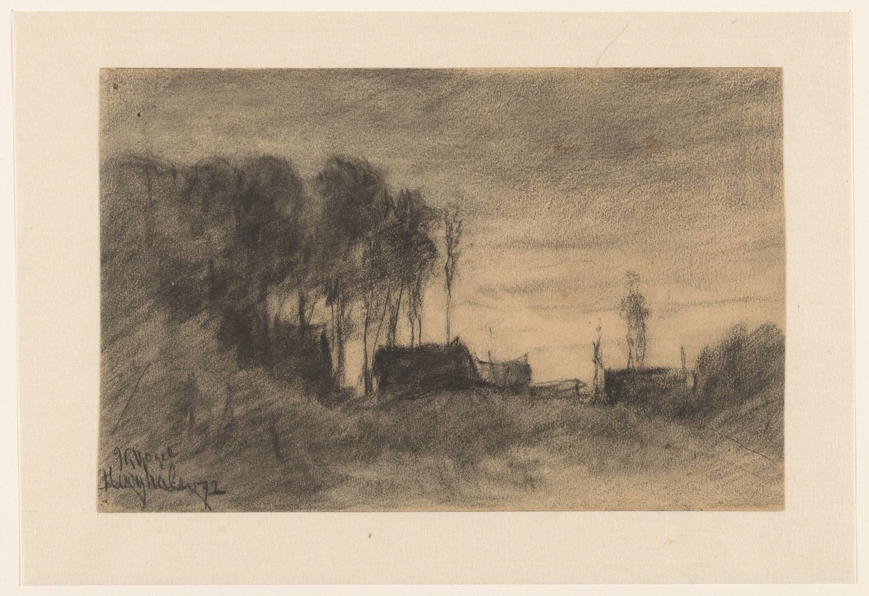 Groep huizen en bomen bij Hooghalen, Avondstemming door Johannes Gijsbert Vogel