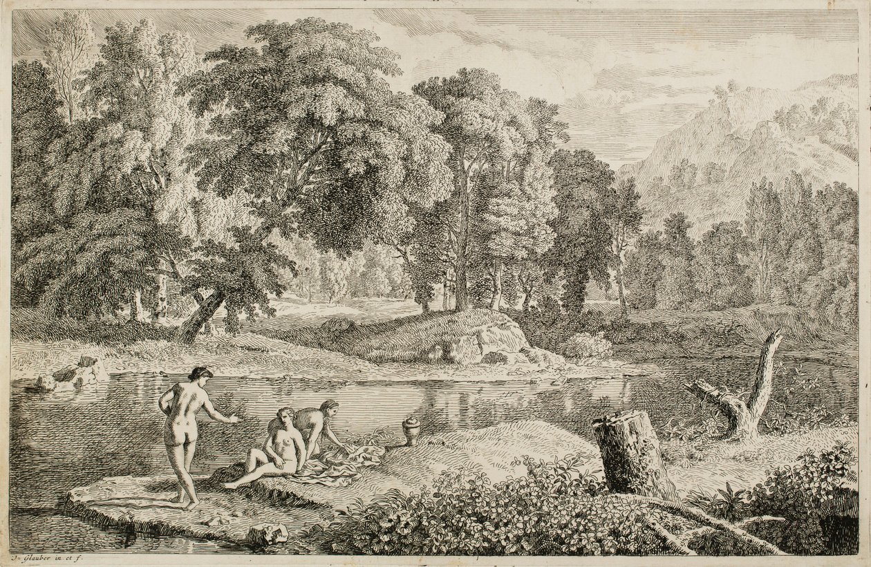 Arcadisch landschap met een rivier en drie baadsters door Johannes Glauber