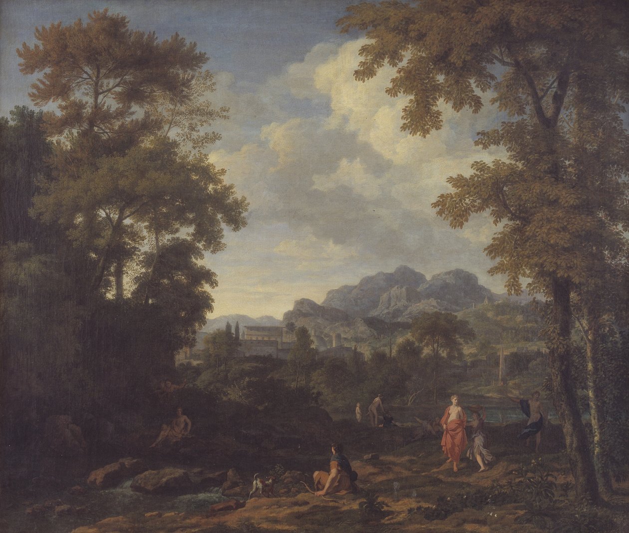 Klassiek landschap met Diana (?) en haar nimfen door Johannes Glauber