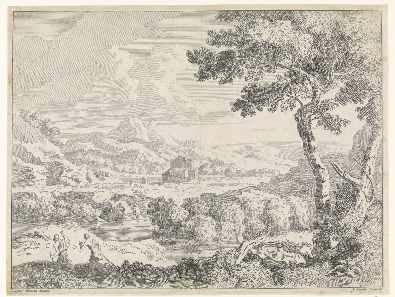Heuvelachtig landschap met herders door Johannes Glauber