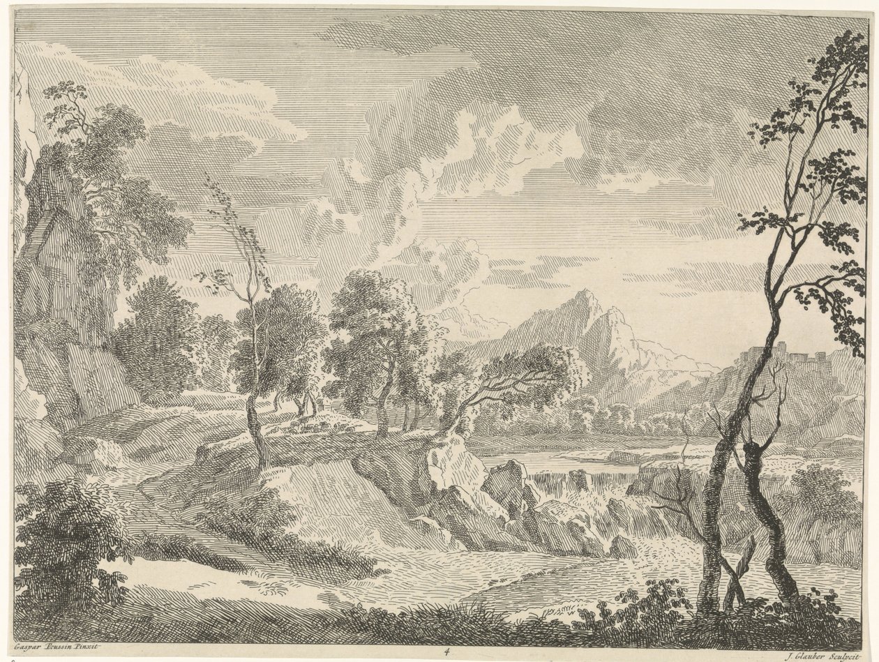 Heuvelachtig landschap met waterval door Johannes Glauber