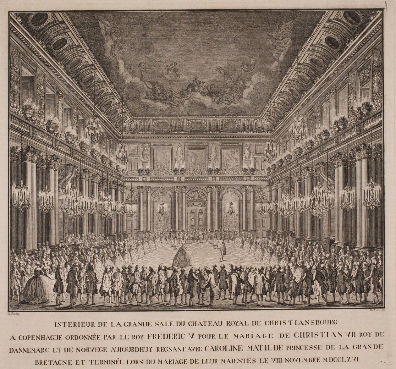 Hofballet in de ridderzaal van Christiansborg bij het huwelijk van Christian VII met Caroline Mathilde door Johannes Gottfred Bradt