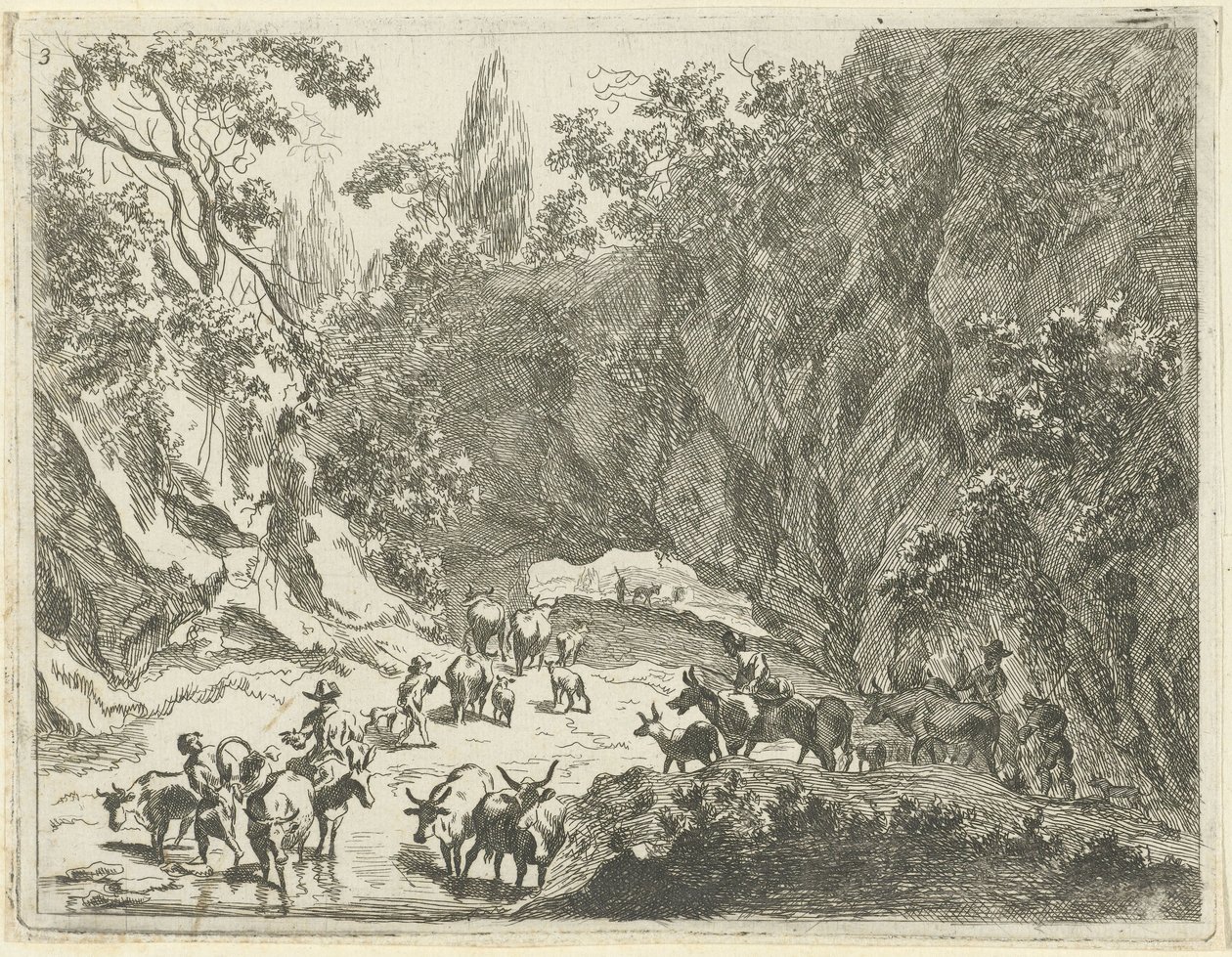 Berglandschap met herders en vee door Johannes Gronsveld