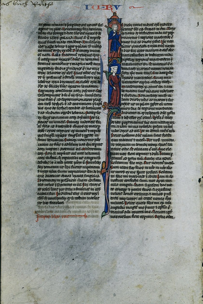 Initiaal I met Elimelech en Naomi: Blad uit een Latijnse Bijbel 1 van 2 uitgesneden bladeren, c. 1250 door Johannes Grusch Atelier