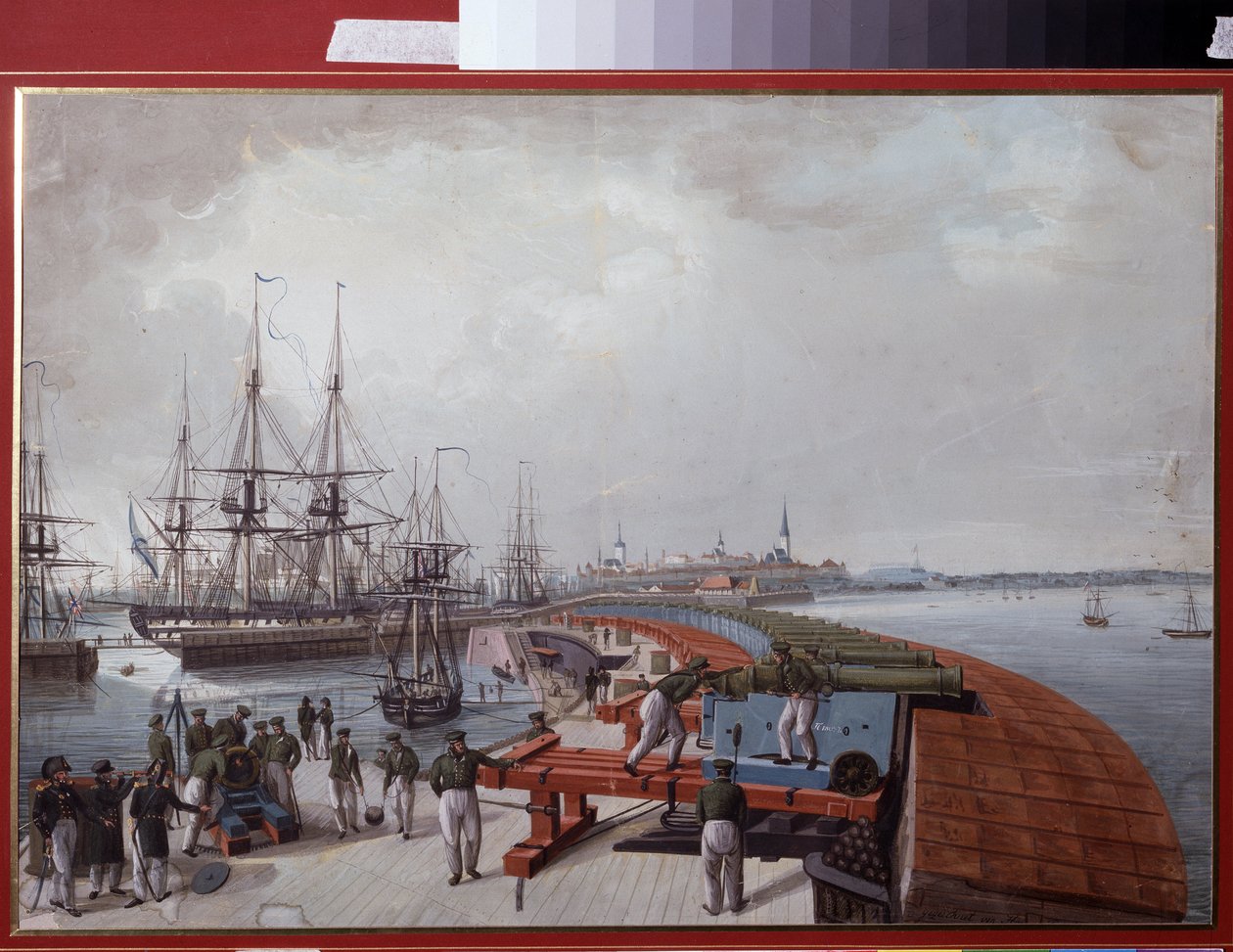 Zicht op Reval (huidig Tallinn), de haven en de Russische kustartillerie door Johannes Hau