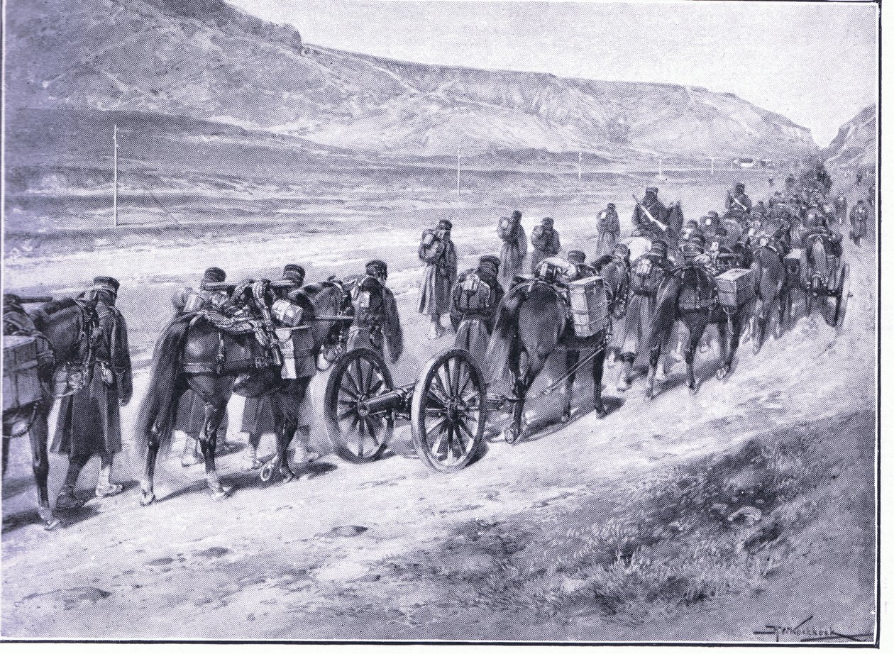Een batterij veldkanonnen op weg naar Ichon, illustratie uit Cassells History of the Russo-Japanese War Vol 1, ca. 1900 door Johannes Hermann Barend Koekkoek