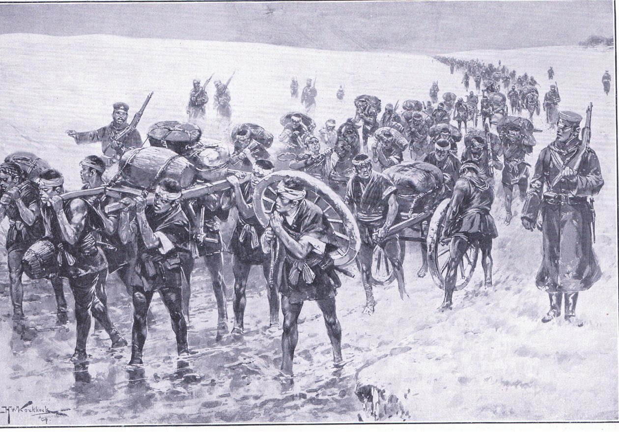 Japanners op mars. Mannen in plaats van pakpaarden, illustratie uit Cassells History of the Russo-Japanese War Vol 1, ca. 1900 door Johannes Hermann Barend Koekkoek