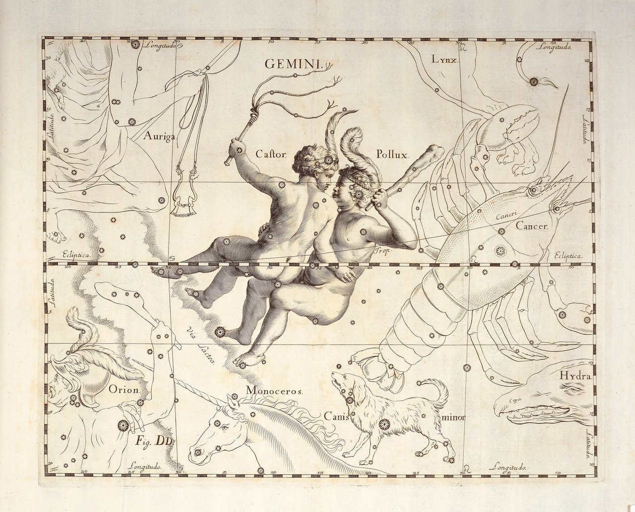 Tweelingen sterrenbeeld, gravure uit sterrenatlas Firmamentum Sobiescianum sive Uronographia, door Johann Hevelius door Johannes Hevelius