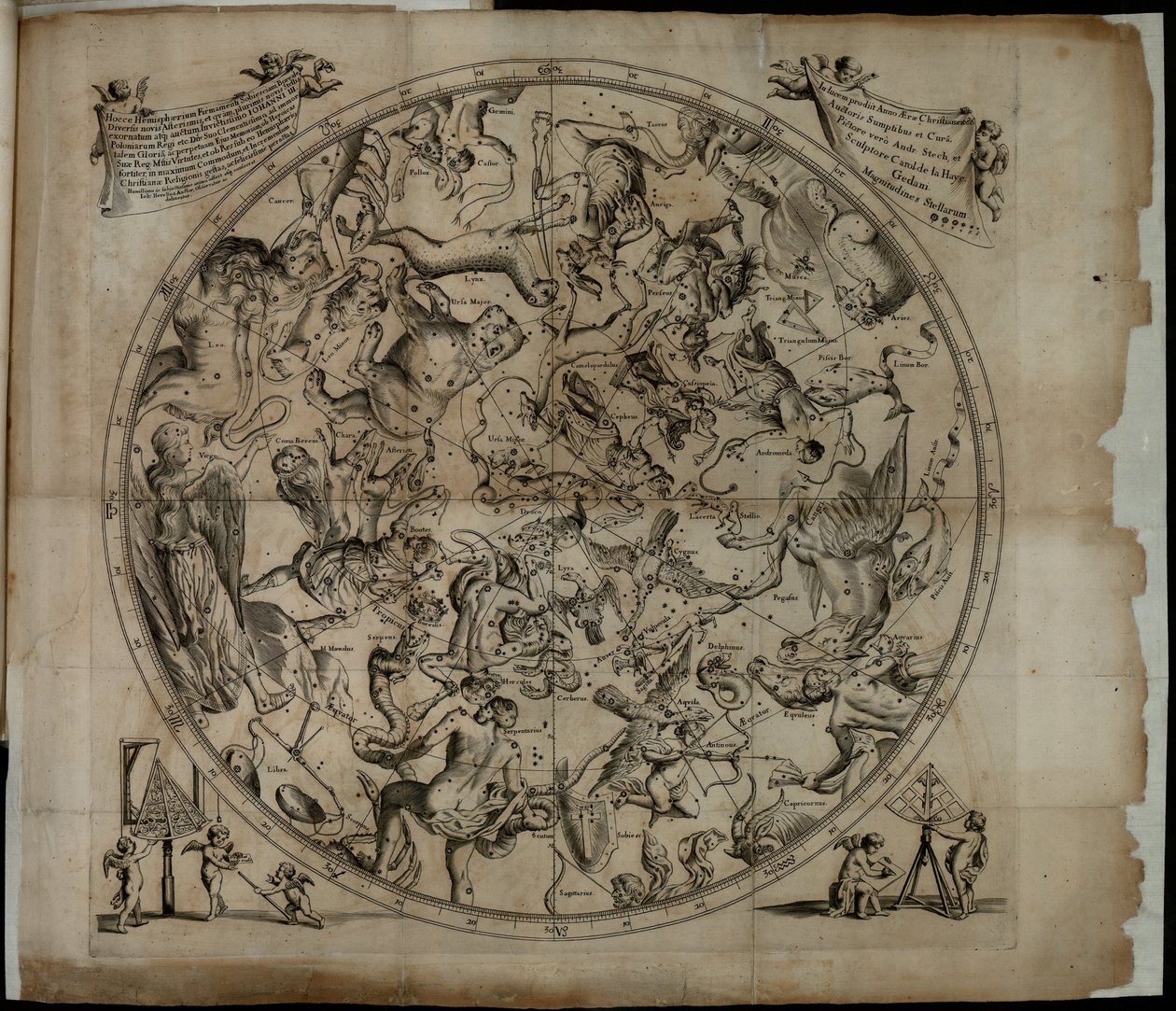 Tafel van de sterrenbeelden van het noordelijk halfrond Firmamentum Sobiescianumsive Uranographia door Johannes Hevelius