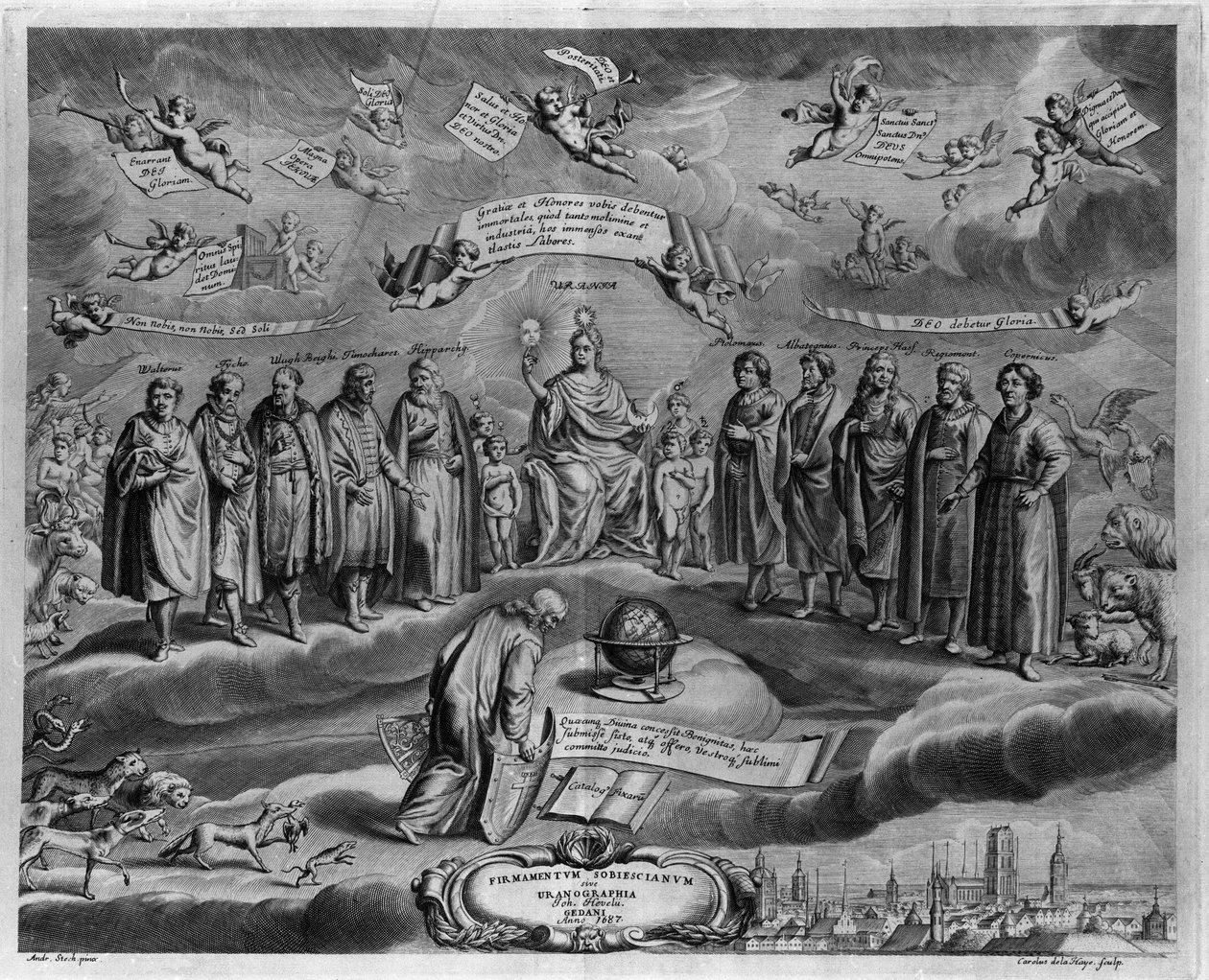 De beroemde astronomen. Onder hen, van links naar rechts: Walterus (?), Tycho Brahe (1546-1601), Ulugh Beg (1394-1449), Timocharis van Alexandrië (ca. 320-260 v.Chr.) door Johannes Hevelius
