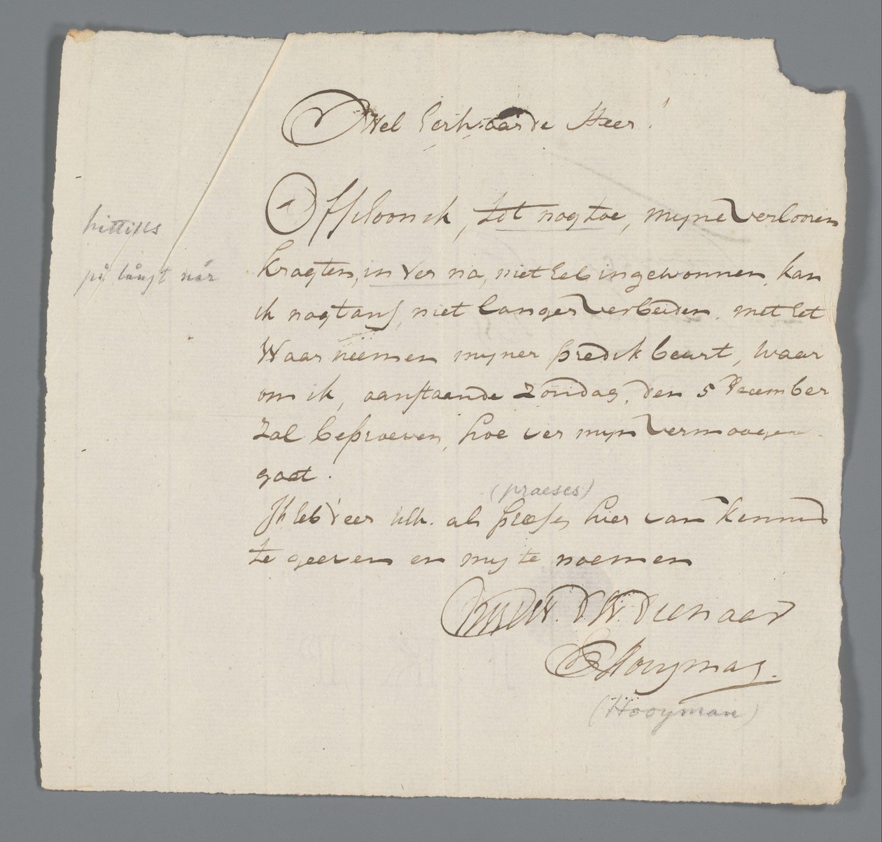 Brief van ds. Hooyman aan Jan Brandes door Johannes Hooyman