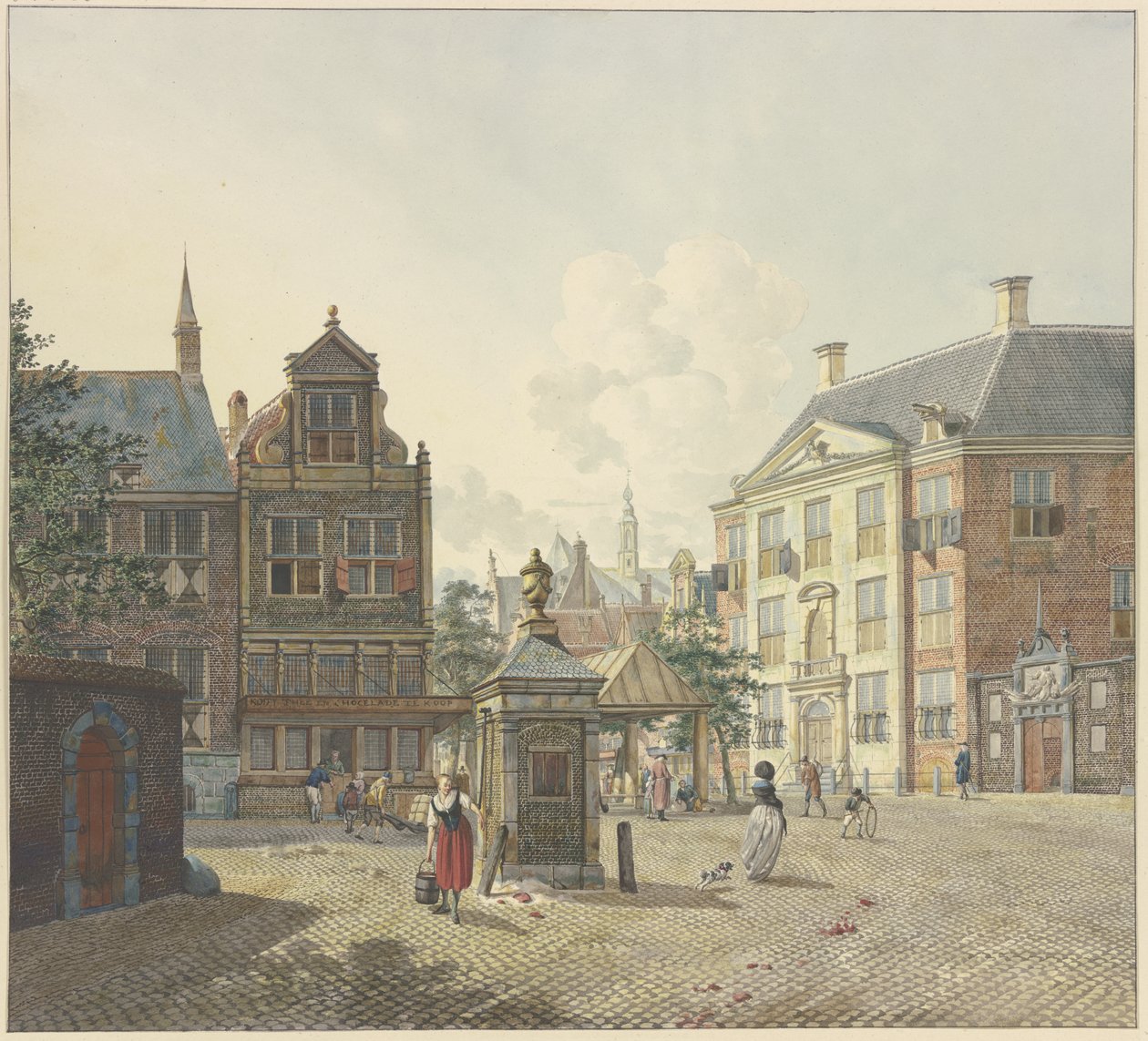 Een puthuis op een open plein, met een dienstmeid in een rode rok en met een emmer door Johannes Huibert Prins
