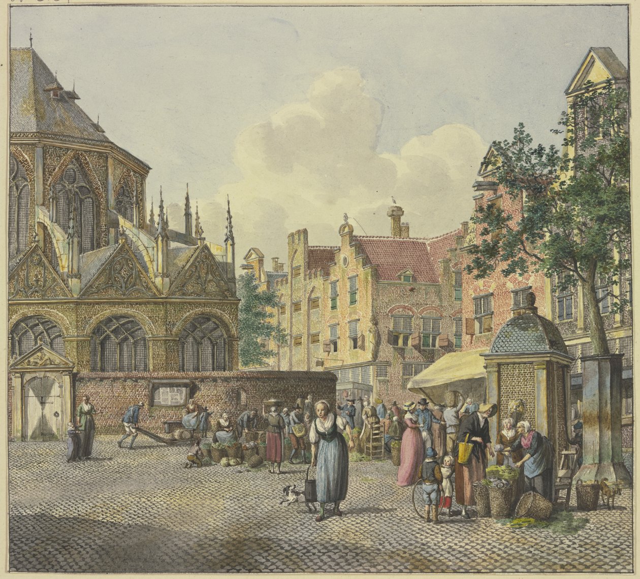 Links het koor van een kerk, rechts een fonteinhuis, met groenteverkoopsters door Johannes Huibert Prins
