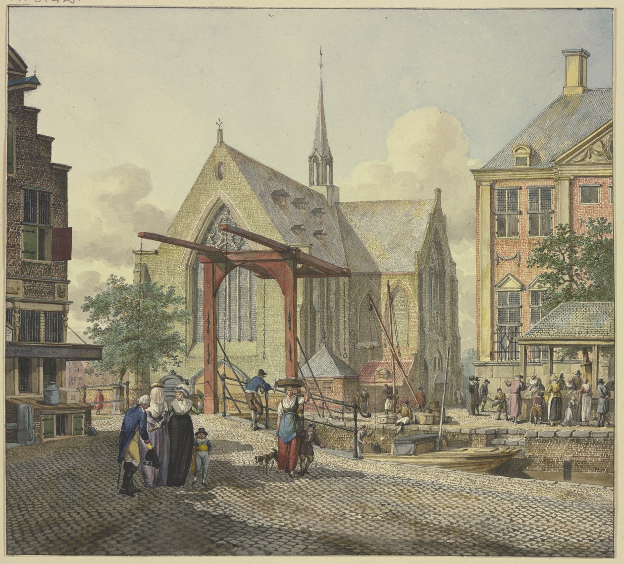 Sluisdeur bij een kerk, links een gesluierde dame, een officier en een dame met een jongen door Johannes Huibert Prins