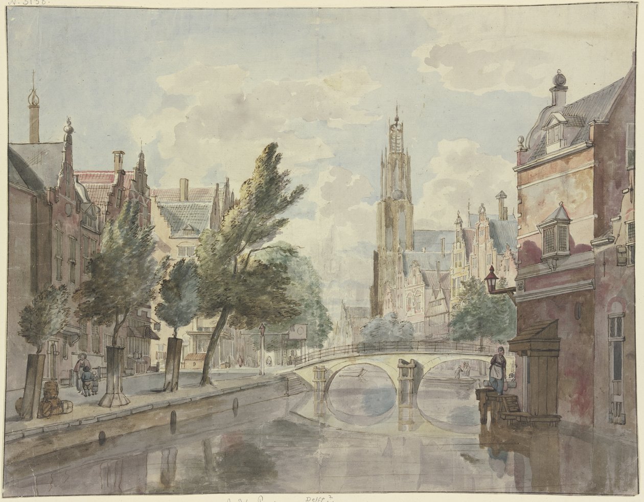 Een stenen brug over een kanaal, op de achtergrond een kathedraal, rechts naast het huis een lantaarn door Johannes Huibert Prins