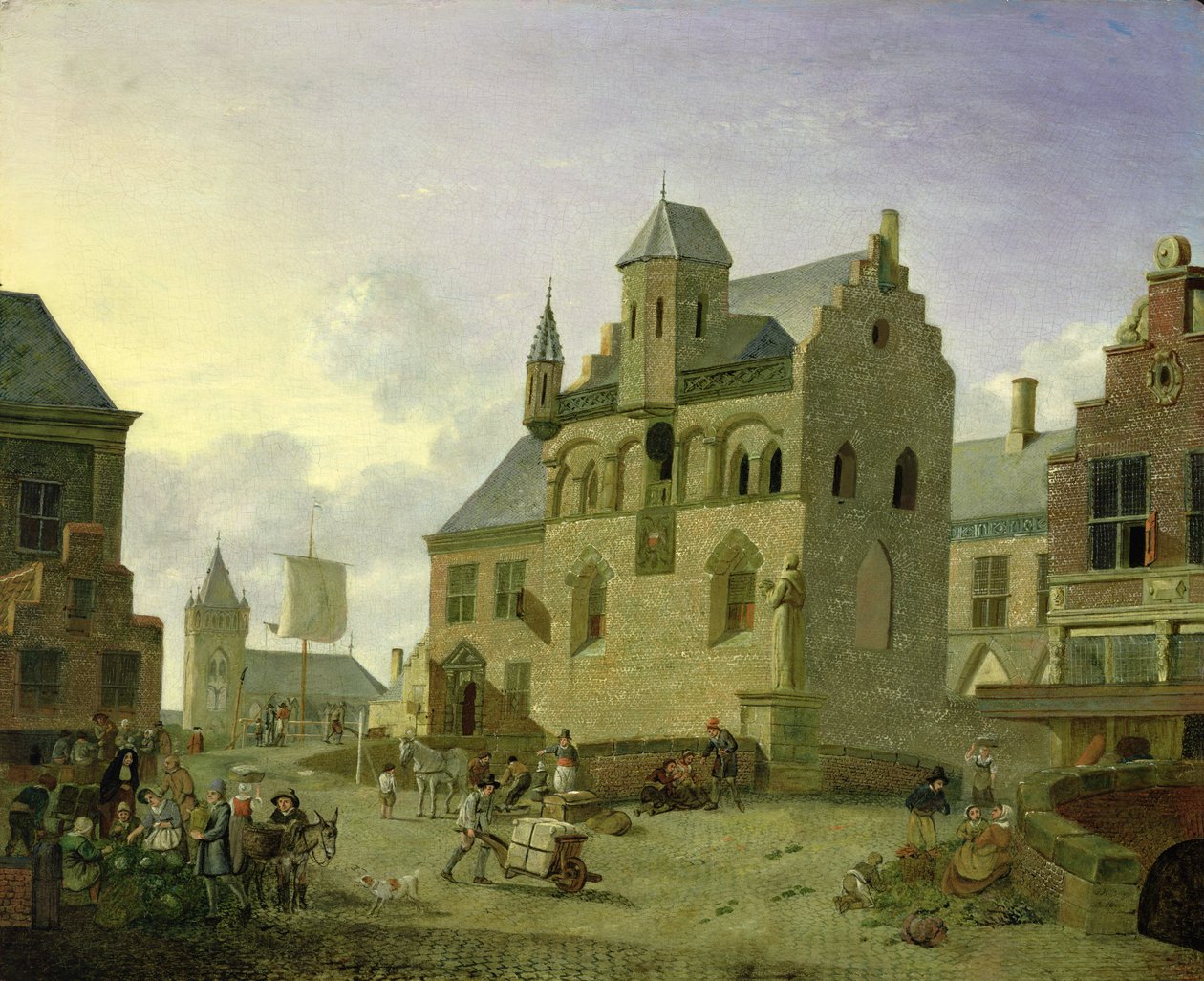 Stadsplein met figuren en boeren die op een markt handelen door Johannes Huibert Prins