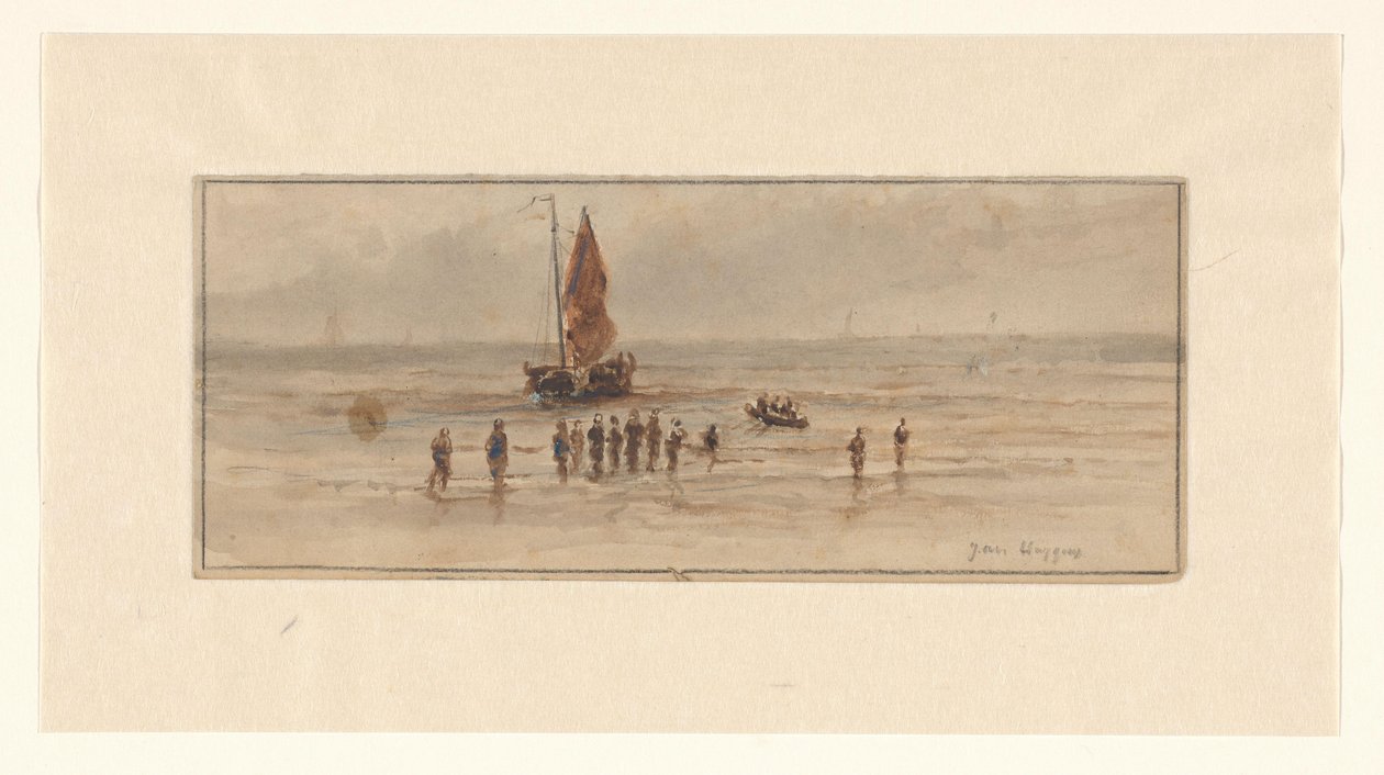 Strandgezicht met vissers en zeilschip door Johannes Huygens (signed by artist)