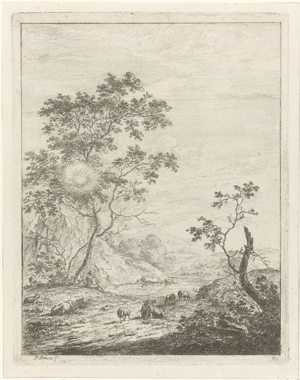 Bergachtig landschap met herder en vee door Johannes Janson