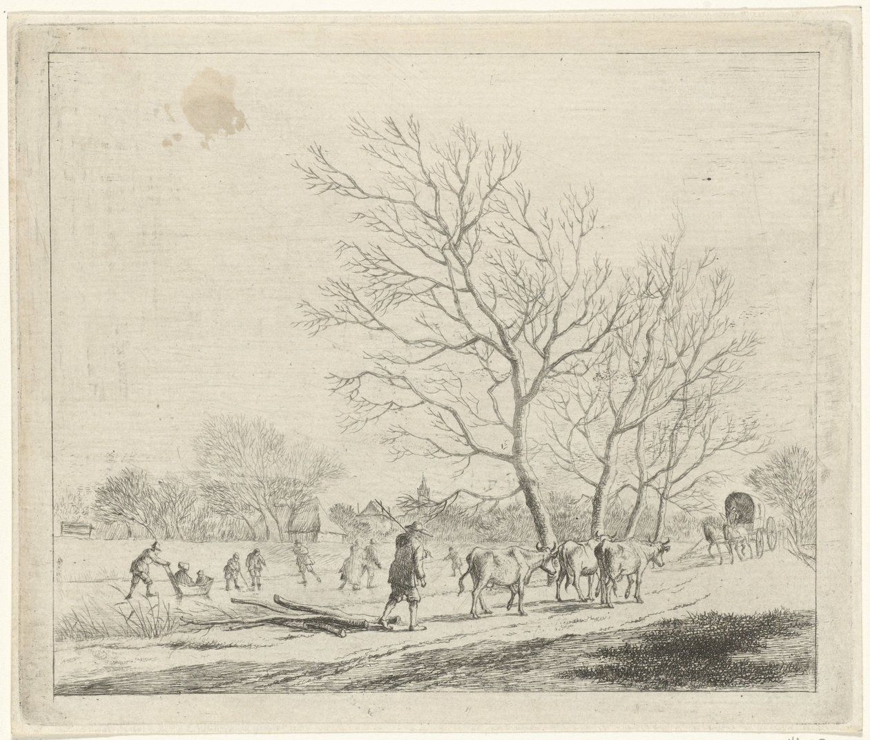 Winterlandschap met koeien en schaatsers (December) (De twaalf maanden) (De gecouleurde Teekeningen van de 12 Maanden) door Johannes Janson