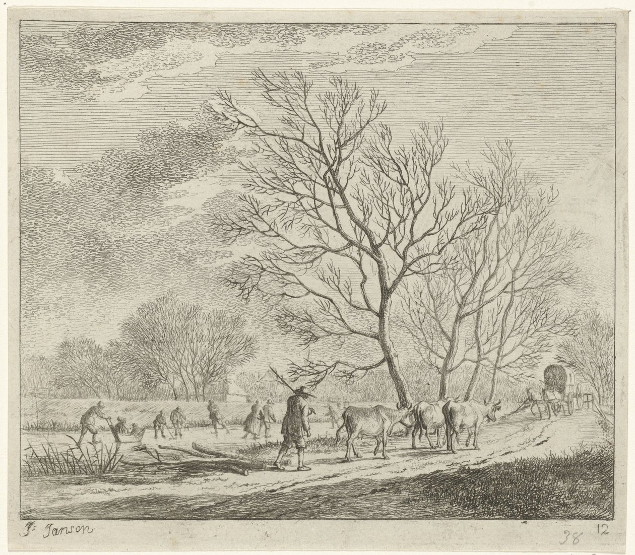 Winterlandschap met koeien en schaatsers door Johannes Janson