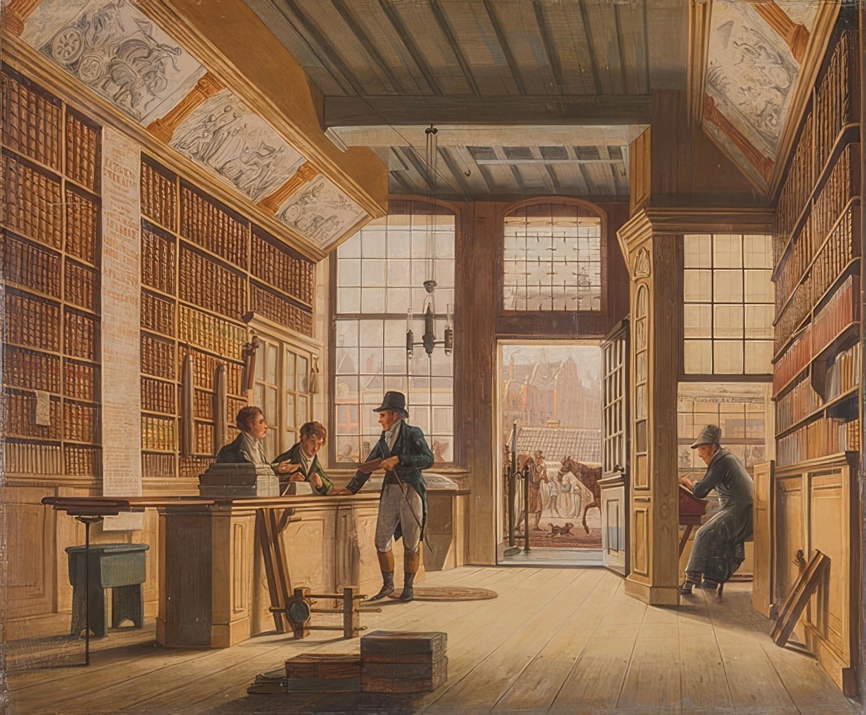 De winkel van boekhandelaar Pieter Meijer Warnars aan de Vijgendam in Amsterdam door Johannes Jelgerhuis