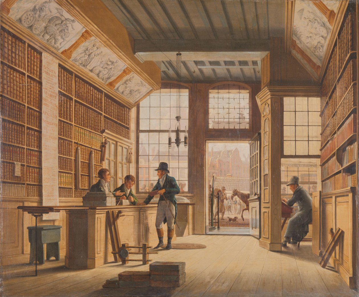 De winkel van boekhandelaar Pieter Meijer Warnars op de Vijgendam in Amsterdam door Johannes Jelgerhuis