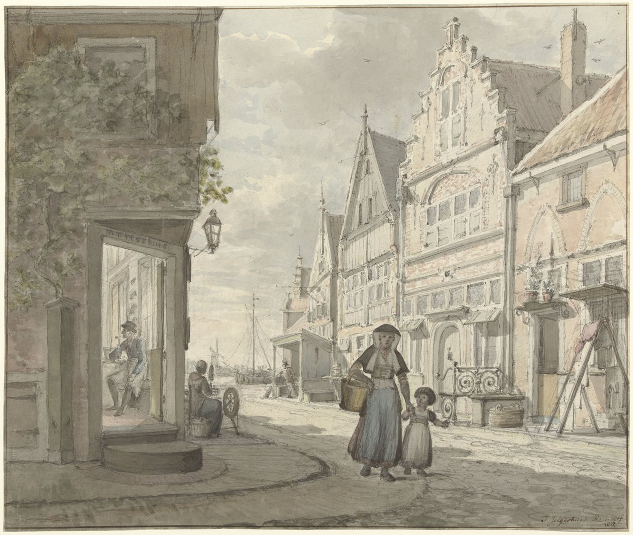 Vrouw en een kind lopen op straat in een vissersdorp door Johannes Jelgerhuis