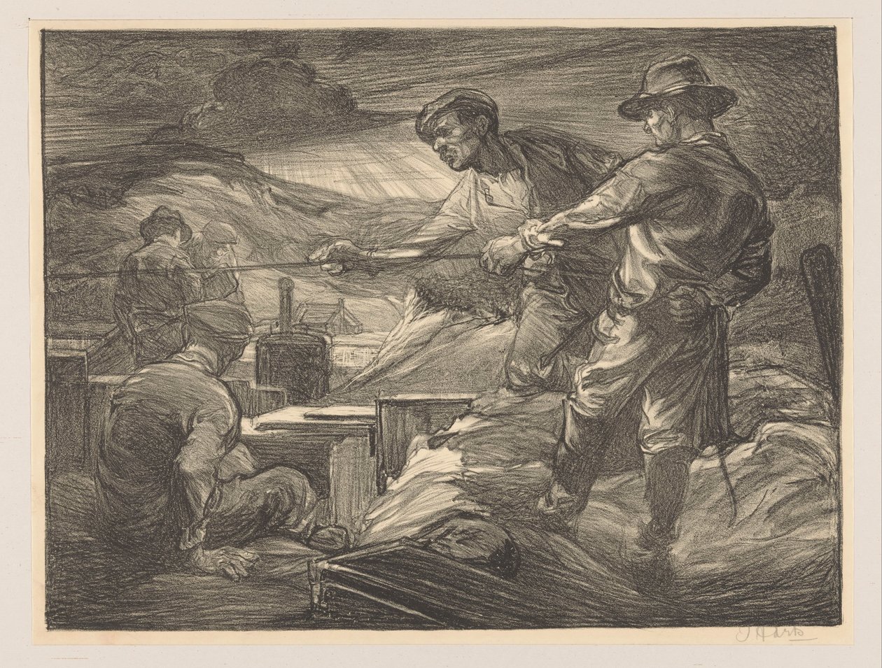 Arbeiders die aan een touw trekken door Johannes Josephus Aarts (signed by artist)