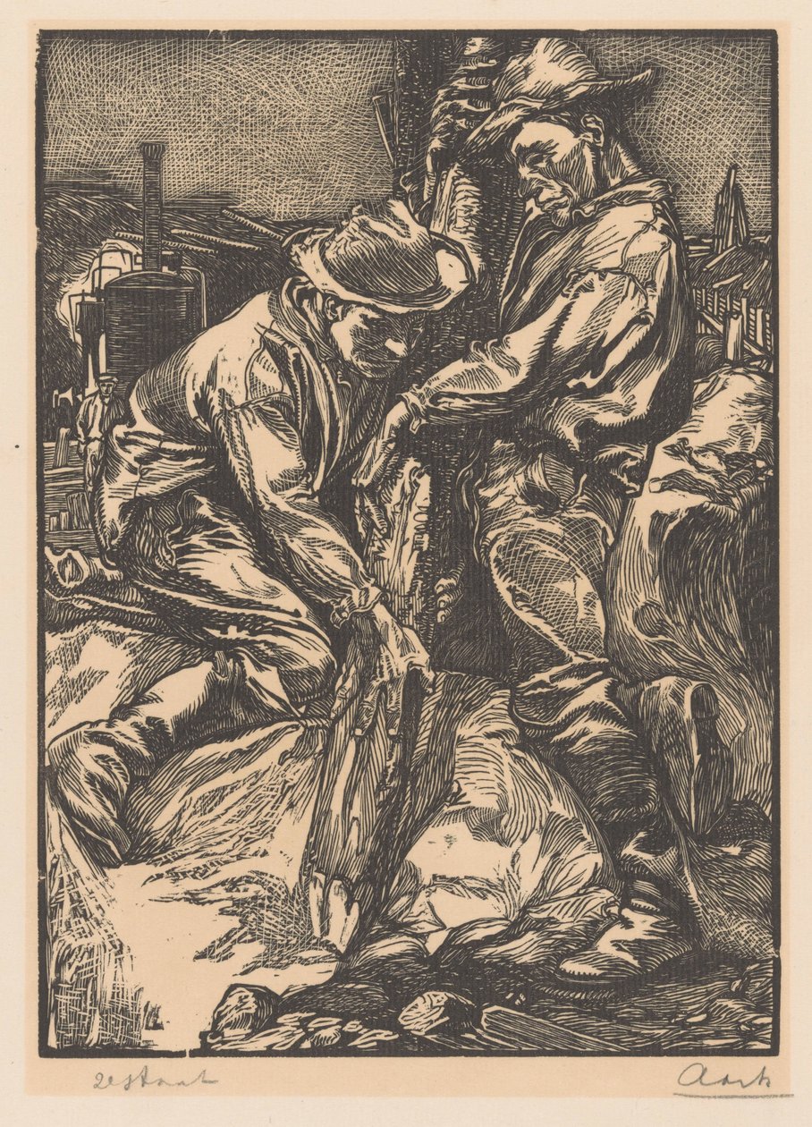Bouwarbeiders bezig met heiwerk door Johannes Josephus Aarts (signed by artist)